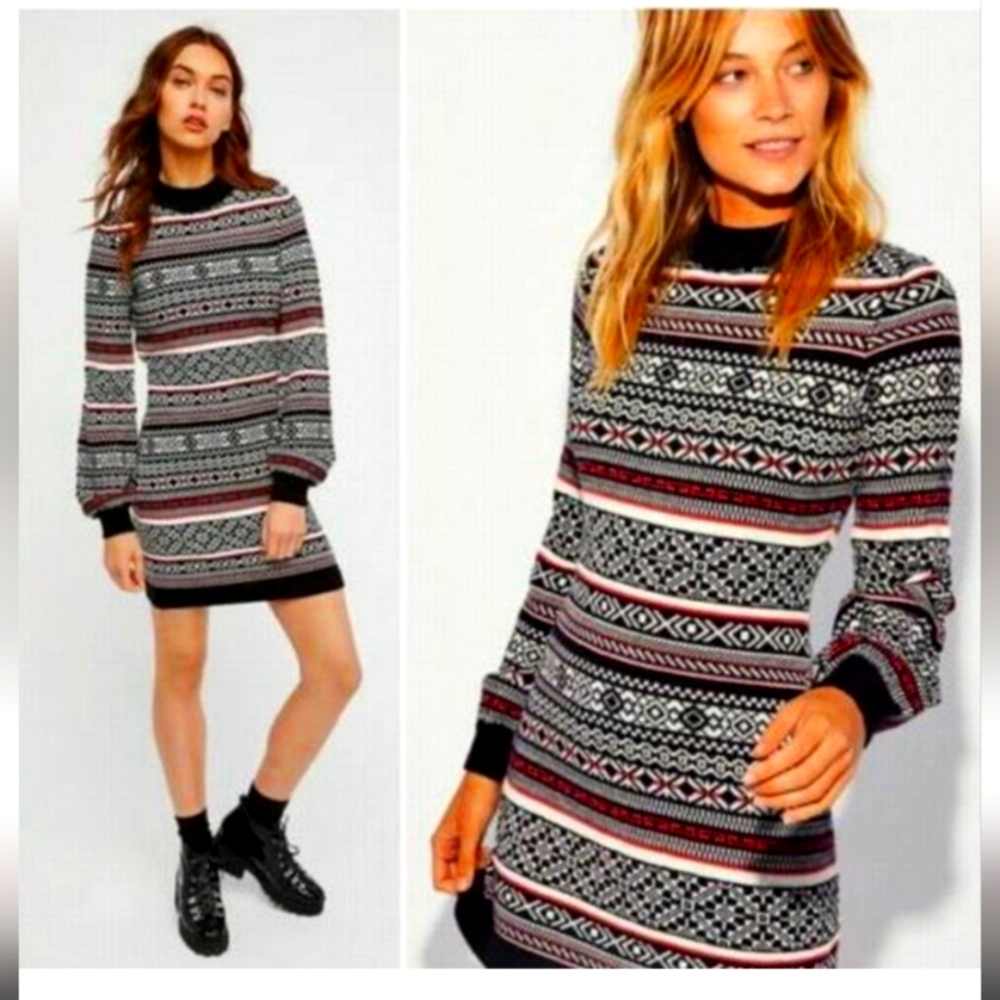 Free People Faero Balloon Sleeve Fair Isle Sweater Knit Mini Dress
